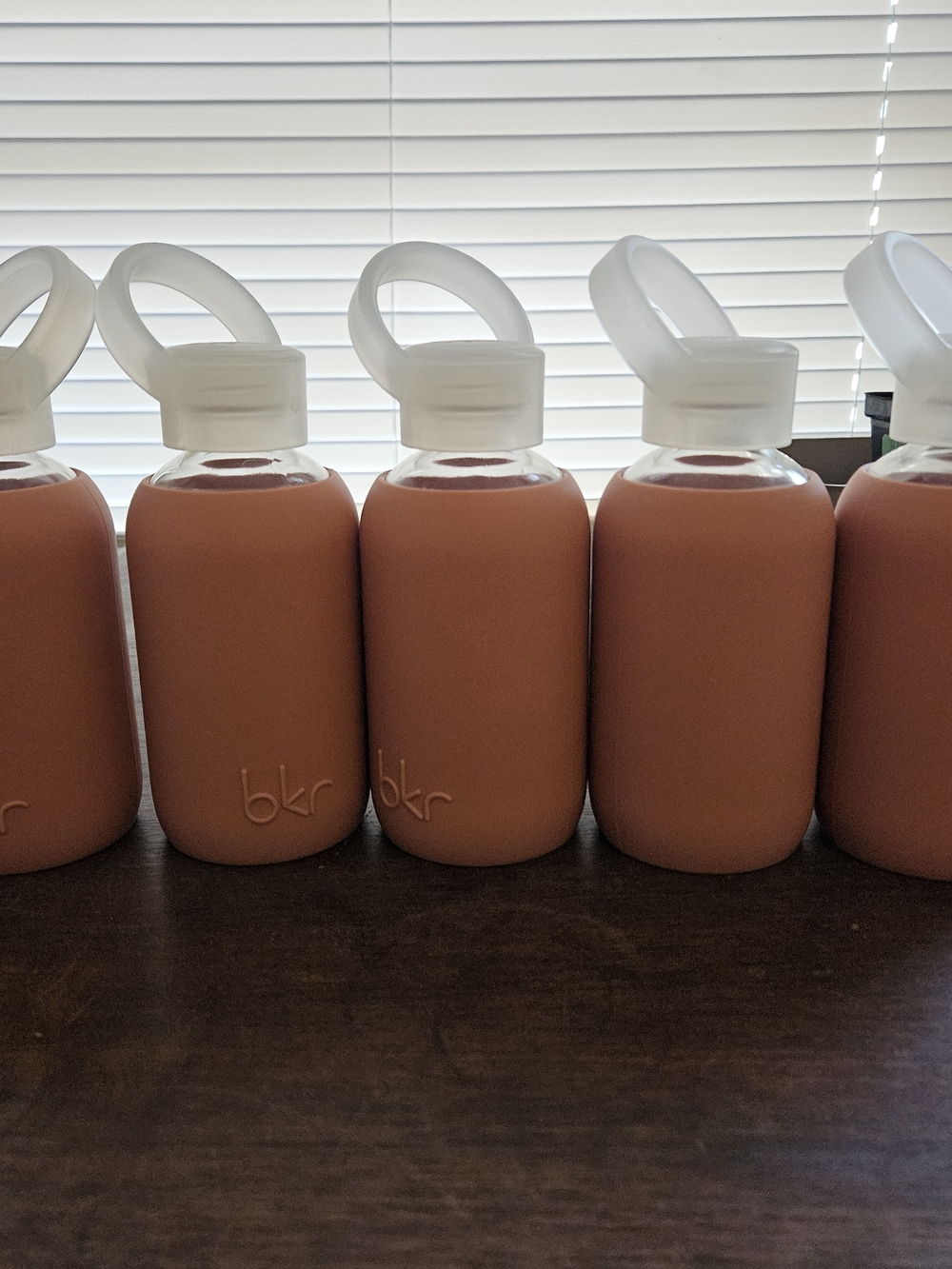 5 - 8 oz bkr Glass Bottles with Blush Pink Silicone Sleeves